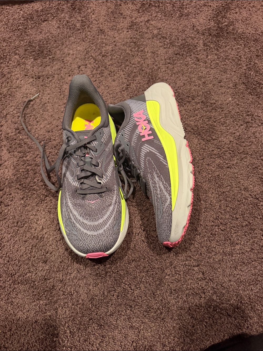 HOKA Women's Gray Running Shoes with Neon Yellow & Pink Accents